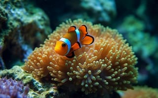 Картинка рыба-клоун, рыба, экзотическая, тропическая, актиния, коралл, подводный, подводный мир, коралловый риф, экзотический, море, океан, вода, морское дно