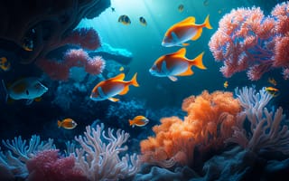 Картинка рыба, коралл, коралловый риф, экзотический, тропическая, подводный мир, подводный, море, океан, вода, морское дно, арт, рисунок, AI Art, цифровое, ИИ арт, сгенерированный, AI, ИИ