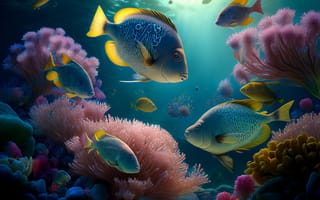 Картинка рыба, коралл, коралловый риф, экзотический, тропическая, подводный мир, подводный, море, океан, вода, арт, рисунок, AI Art, цифровое, ИИ арт, сгенерированный, AI, ИИ
