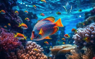 Картинка рыба, коралл, коралловый риф, экзотический, тропическая, подводный мир, подводный, море, океан, вода, арт, рисунок, AI Art, цифровое, ИИ арт, сгенерированный, AI, ИИ
