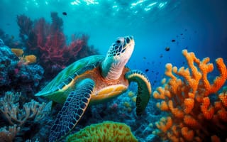 Картинка черепаха, коралл, коралловый риф, экзотический, тропическая, подводный мир, подводный, море, океан, вода, морское дно, арт, рисунок, AI Art, цифровое, ИИ арт, сгенерированный, AI, ИИ