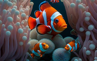 Картинка рыба-клоун, рыба, экзотическая, тропическая, актиния, коралл, подводный, подводный мир, коралловый риф, экзотический, море, океан, вода, AI Art, цифровое, арт, ИИ арт, сгенерированный, AI, ИИ, рисунок