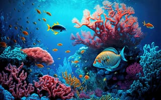 Картинка рыба, коралл, коралловый риф, экзотический, тропическая, подводный мир, подводный, море, океан, вода, морское дно, тропики, тропический, стая, много, AI Art, цифровое, арт, ИИ арт, сгенерированный, AI, ИИ, рисунок