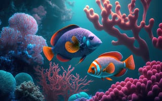 Картинка рыба, коралл, коралловый риф, экзотический, тропическая, подводный мир, подводный, море, океан, вода, пара, двое, тропики, тропический, арт, рисунок, AI art, ИИ арт