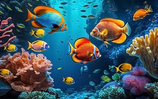 Картинка рыба, коралл, коралловый риф, экзотический, тропическая, подводный мир, подводный, море, океан, вода, морское дно, тропики, тропический, стая, много