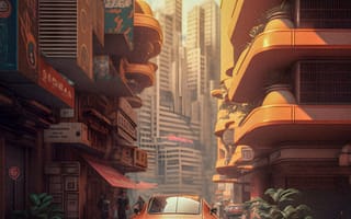 Картинка машины, машина, тачки, авто, автомобиль, транспорт, вид сзади, сзади, город, здания, Гонконг, арт, рисунок