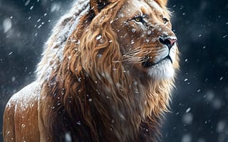 Картинка лев, дикие кошки, дикий, кошки, большие кошки, большая кошка, хищник, животные, самец, ночь, темнота, темный, зима, снег, AI Art, ИИ арт, цифровое, арт, сгенерированный, AI, ИИ