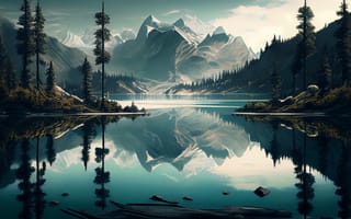 Картинка горы, гора, природа, озеро, пруд, вода, пейзаж, отражение, арт, рисунок, живопись, aрт, AI Art, ИИ арт, цифровое, сгенерированный, AI, ИИ