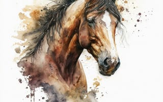 Картинка лошадь, конь, лошади, животные, коричневый, гнедой, морда, голова, портрет, арт, рисунок, акварель, акварельные, живопись, aрт, мазок, краска, мазок красками, текстура, текстурные