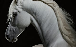 Картинка белый, лошадь, конь, лошади, животные, морда, голова, портрет, арт, рисунок, AI Art, ИИ арт, цифровое, сгенерированный, AI, ИИ
