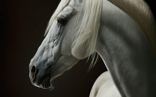 Картинка белый, лошадь, конь, лошади, животные, морда, голова, портрет, арт, рисунок, AI Art, ИИ арт, цифровое, сгенерированный, AI, ИИ