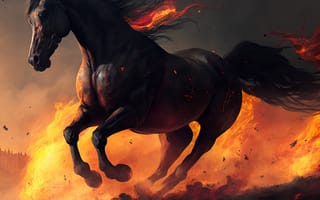 Картинка лошадь, конь, лошади, животные, вороной, бег, вечер, ночь, темнота, арт, цифровой, огонь, пламя