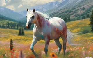 Картинка лошадь, конь, лошади, животные, луг, гора, цветок, цветущий, живопись, aрт