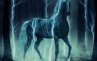 Картинка лошадь, конь, лошади, животные, лес, деревья, дерево, природа, ночь, темнота, темный, свечение