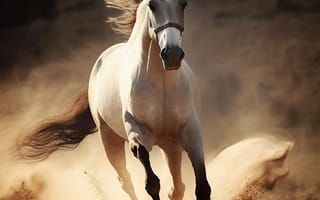 Картинка лошадь, конь, лошади, животные, белый, бег, вечер, закат, заход