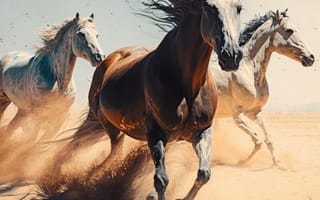 Картинка лошадь, конь, лошади, животные, стая, много, бег, песок