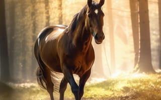 Картинка лошадь, конь, лошади, животные, коричневый, гнедой, лес, деревья, дерево, природа, вечер, сумерки, закат, заход