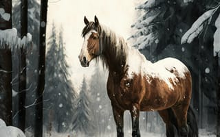 Картинка лошадь, конь, лошади, животные, коричневый, гнедой, лес, деревья, дерево, природа, зима, снег