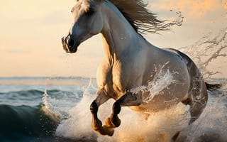 Картинка лошадь, конь, лошади, животные, белый, бег, море, океан, вода, брызги, всплеск, волна, вечер, закат, заход