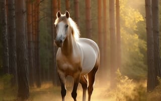 Картинка лошадь, конь, лошади, животные, белый, лес, деревья, дерево, природа, вечер, закат, заход