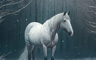 Картинка лошадь, конь, лошади, животные, белый, лес, деревья, дерево, природа, зима, снег