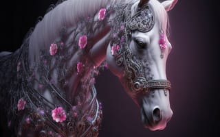 Картинка лошадь, конь, лошади, животные, белый, морда, голова, уздечка, узда, арт, рисунок, цифровой, цветок