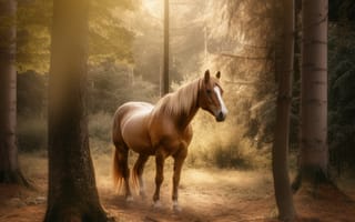 Картинка лошадь, конь, лошади, животные, коричневый, гнедой, лес, деревья, дерево, природа, вечер