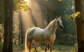 Картинка лошадь, конь, лошади, животные, белый, лес, деревья, дерево, природа, солнце, свет, лучи, солнечный свет, лучи солнца