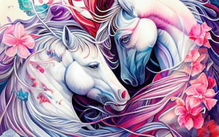 Картинка лошадь, конь, лошади, животные, пара, двое, белый, арт, рисунок, цифровой, цветок, цветущий