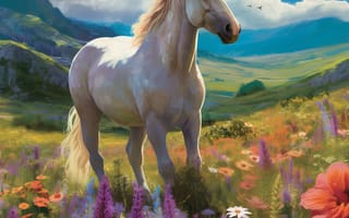 Картинка лошадь, конь, лошади, животные, белый, лес, деревья, дерево, природа, цветок, цветущий, гора, облака, туча, облако, тучи, небо, арт, рисунок, живопись, aрт