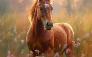 Картинка лошадь, конь, лошади, животные, жеребенок, маленький, коричневый, гнедой, луг, цветок, цветущий, вечер, закат, заход