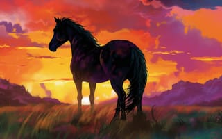 Картинка лошадь, конь, лошади, животные, луг, вечер, закат, заход, облака, туча, облако, тучи, небо, арт, рисунок, живопись, aрт