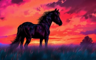 Картинка лошадь, конь, лошади, животные, луг, трава, растение, вечер, закат, заход, арт, рисунок, живопись, aрт
