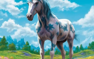 Картинка лошадь, конь, лошади, животные, луг, цветок, цветущий, арт, рисунок, живопись, aрт