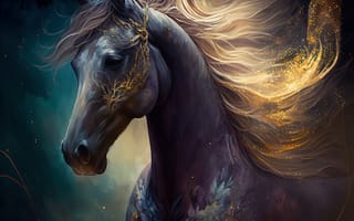 Картинка лошадь, конь, лошади, животные, портрет, арт, рисунок, цифровой, ночь, темнота, свечение