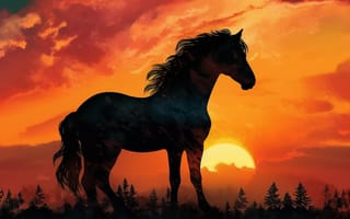 Картинка лошадь, конь, лошади, животные, луг, вечер, закат, заход, солнце, облака, туча, облако, тучи, небо, арт, рисунок, живопись, aрт