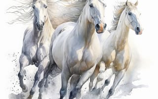 Картинка лошадь, конь, лошади, животные, белый, бег, арт, рисунок, акварель, акварельные, живопись, aрт