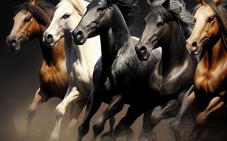 Картинка лошадь, конь, лошади, животные, стая, много, белый, вороной, коричневый, гнедой, бег
