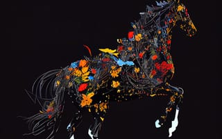 Картинка лошадь, конь, лошади, животные, amoled, амолед, черный, арт, рисунок, цифровой, цветок