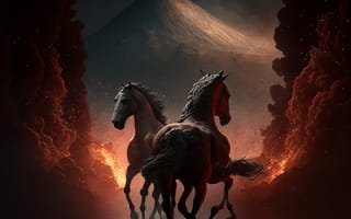 Картинка лошадь, конь, лошади, животные, пара, двое, гора, ночь, темнота, темный, арт, рисунок, цифровой, огонь