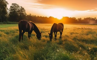 Картинка лошадь, конь, лошади, животные, пара, двое, луг, вечер, закат, заход, солнце