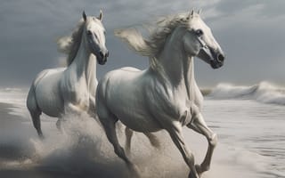 Картинка лошадь, конь, лошади, животные, пара, двое, белый, бег, море, океан, вода, брызги, всплеск, вечер