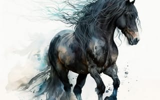 Картинка лошадь, конь, лошади, животные, вороной, бег, арт, рисунок, акварель, акварельные, живопись, aрт