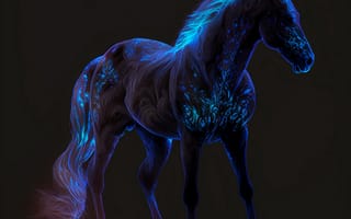 Картинка лошадь, конь, лошади, животные, ночь, темнота, темный, amoled, амолед, черный, свечение, арт, рисунок, цифровой