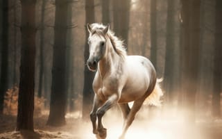 Картинка лошадь, конь, лошади, животные, белый, лес, деревья, дерево, природа, бег, вечер, закат, заход