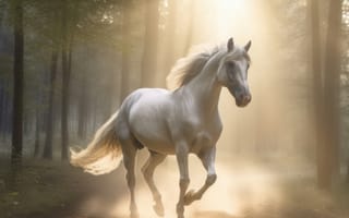 Картинка лошадь, конь, лошади, животные, белый, бег, лес, деревья, дерево, природа, вечер, закат, заход