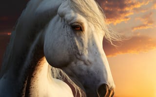 Картинка лошадь, конь, лошади, животные, белый, вечер, закат, заход, сумерки, портрет