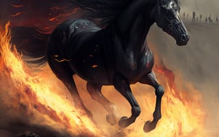 Картинка лошадь, конь, лошади, животные, бег, вороной, огонь, арт, рисунок