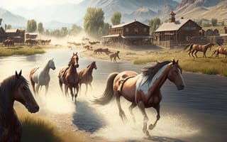 Картинка лошадь, конь, лошади, животные, стая, много, бег, гора, дом, вода, река, арт, рисунок