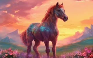 Картинка лошадь, конь, лошади, животные, луг, гора, вечер, закат, заход, облака, туча, облако, тучи, небо, арт, рисунок, цифровой